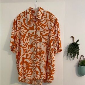 Billabong Orange and White Casual Button Down Shirt aloha oversized small
